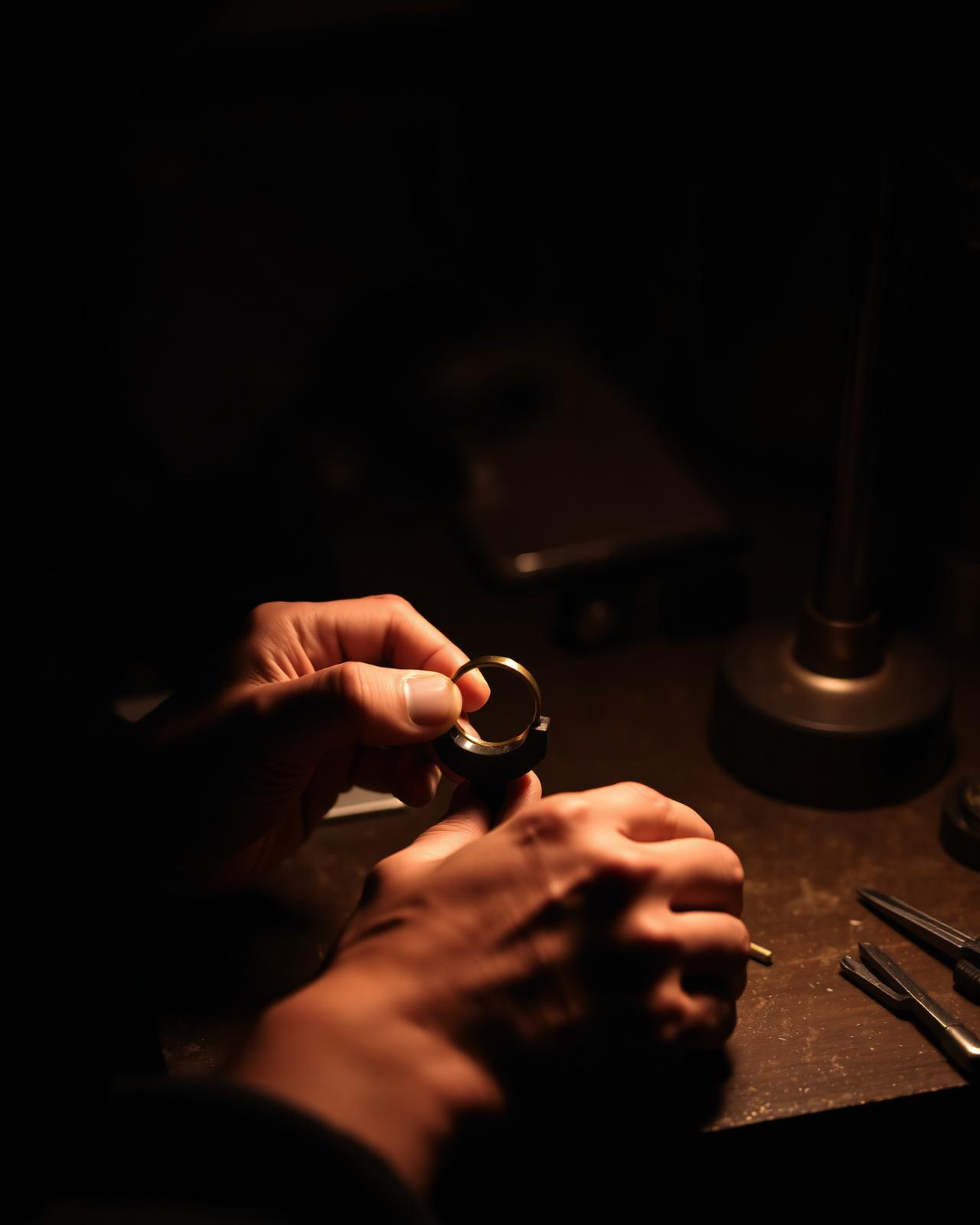 Mains du bijoutier limant une bague en or à l'établi