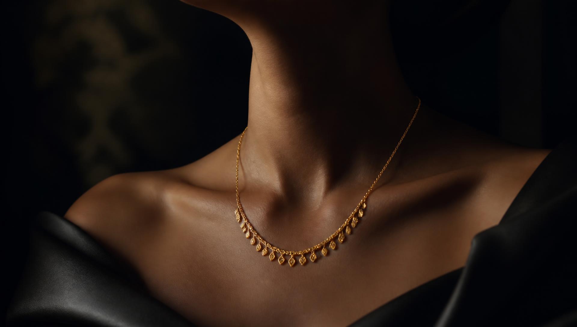 Collier en or porté au creux du cou, lumière clair-obscur