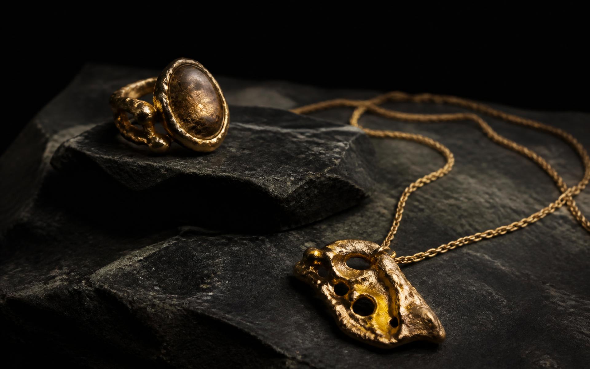 Bague et pendentif en or façonnés main, posés sur pierre sombre — collection Éclipse